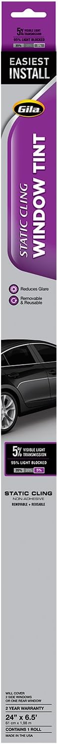 Gila Static Cling 5% VLT Automotive Window Tint DIY Easy Removal Glare Control Privacy 2ft x 6.5ft (24in x 78in) 5% Super Limo Black JS242