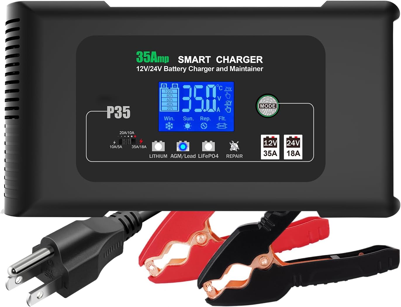 20-Amp Smart Battery Charger,12V/20A and 24V/10A.Lithium,Lifepo4,Lead-Acid(AGM/Gel/SLA..) Car Battery Charger,Trickle Charger, Maintainer/Pulse Repair Charger,for Car,Boat,Motorcycle, Lawn Mower