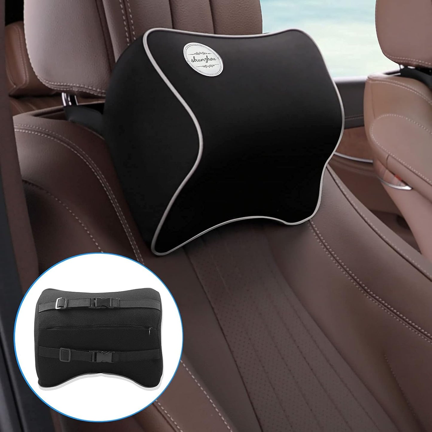 Shunzhou Car Seat Neck Pillow, Ergonomic Headrest Cushion, Memory Foam Neck Support Head Pillows with Adjustable Strap and Washable Cover -Black