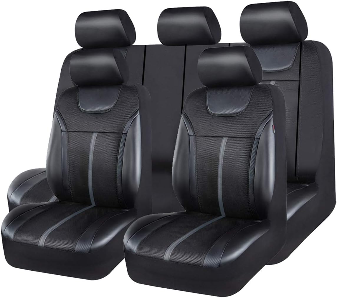 CAR PASS Sporty Carbon Leather Universal Car Seat Cover with Zipper Design, Fit for Suvs, Vans, Sedans, Trucks, Airbag Compatible (Carbon Leather Full Set, Black-Red)