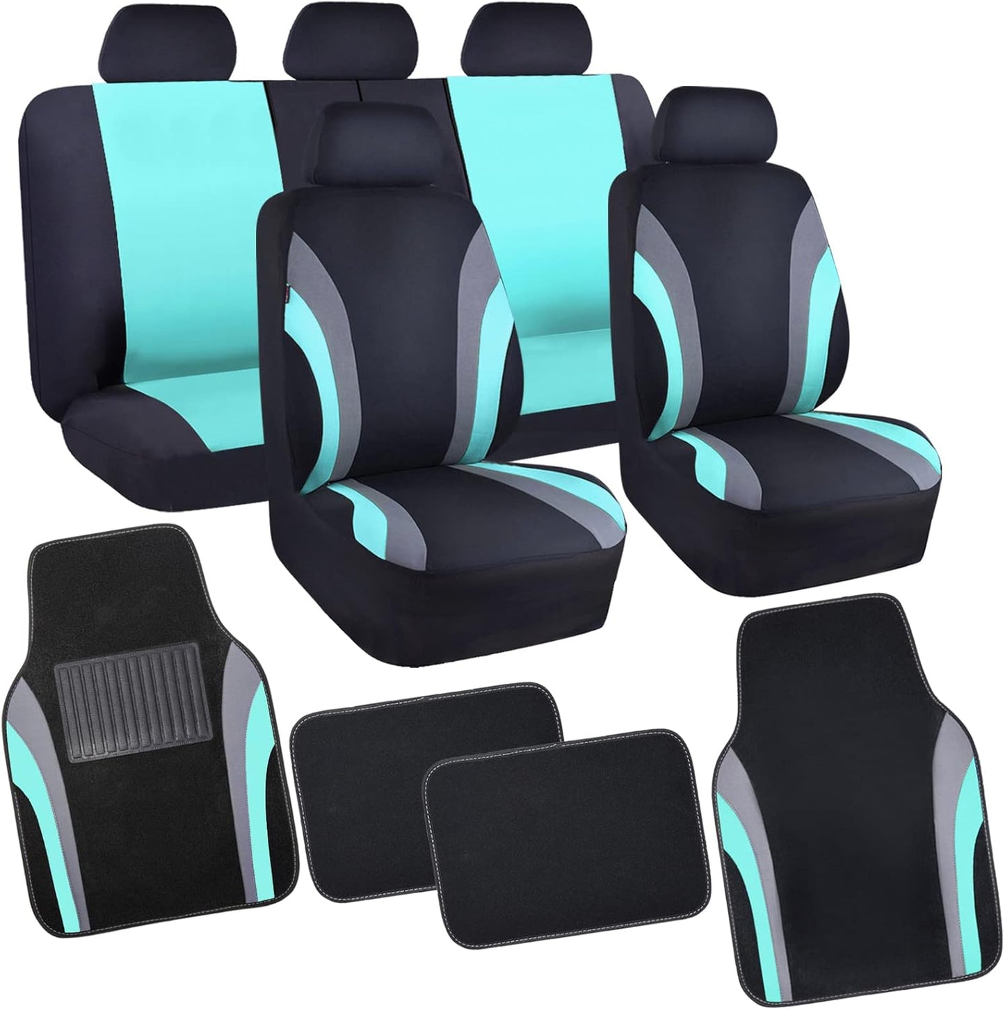 CAR PASS Line Rider Sporty Car Seat Covers Full Set with 4Pcs Waterproof Car Floor Mats Universal Fit Airbag Compatible Automotive Interior Covers for Trucks,Vans,SUV (Combo Set, Black & Purple)