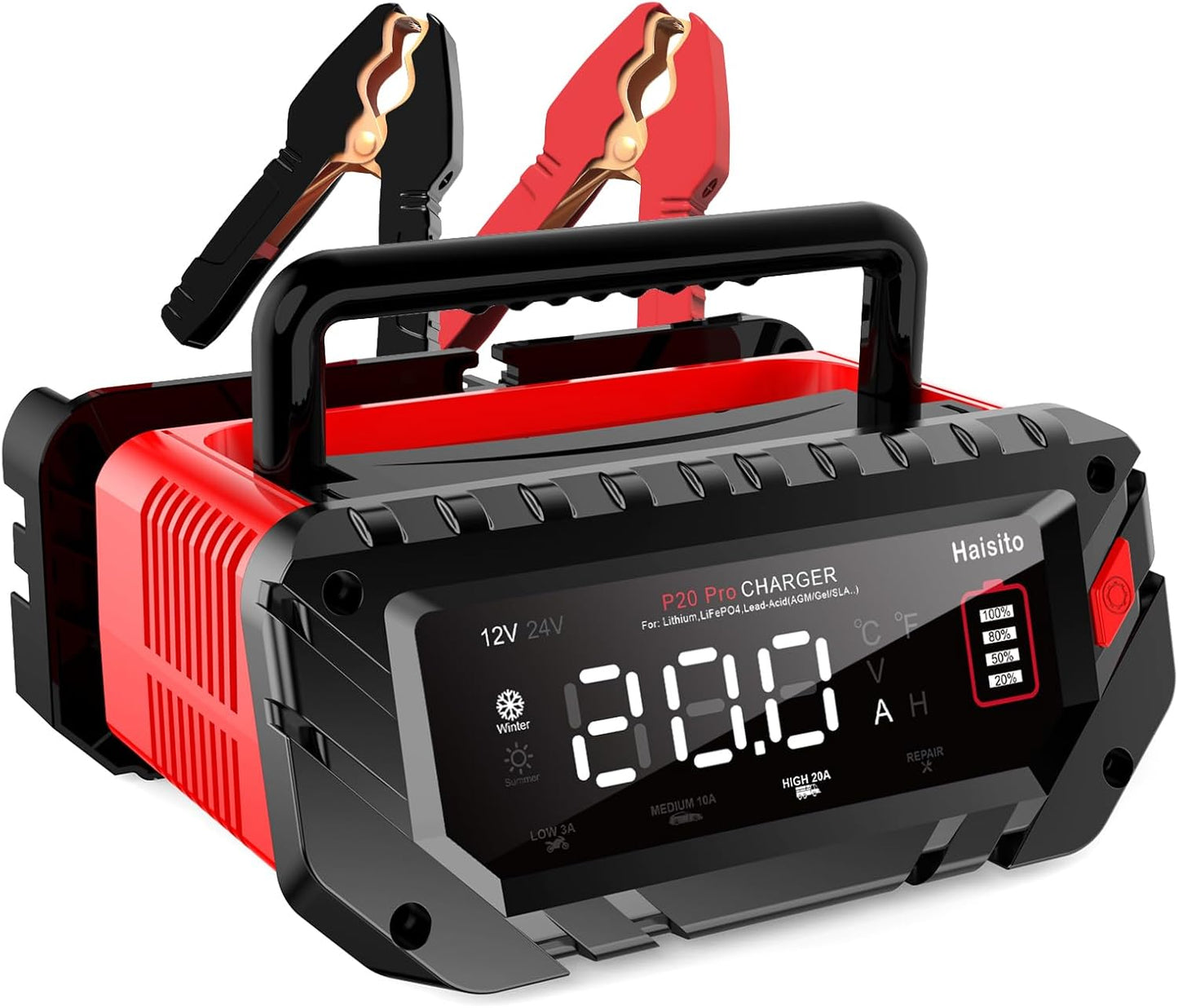 Battery Charger 0-20A 12V and 24V Lithium, LiFePO4, Lead Acid (AGM/Gel/SLA), Smart Car Battery Charger and Maintainer, Trickle Charger with Pulse Repair for Cars, Boats, Marine, Motorcycles