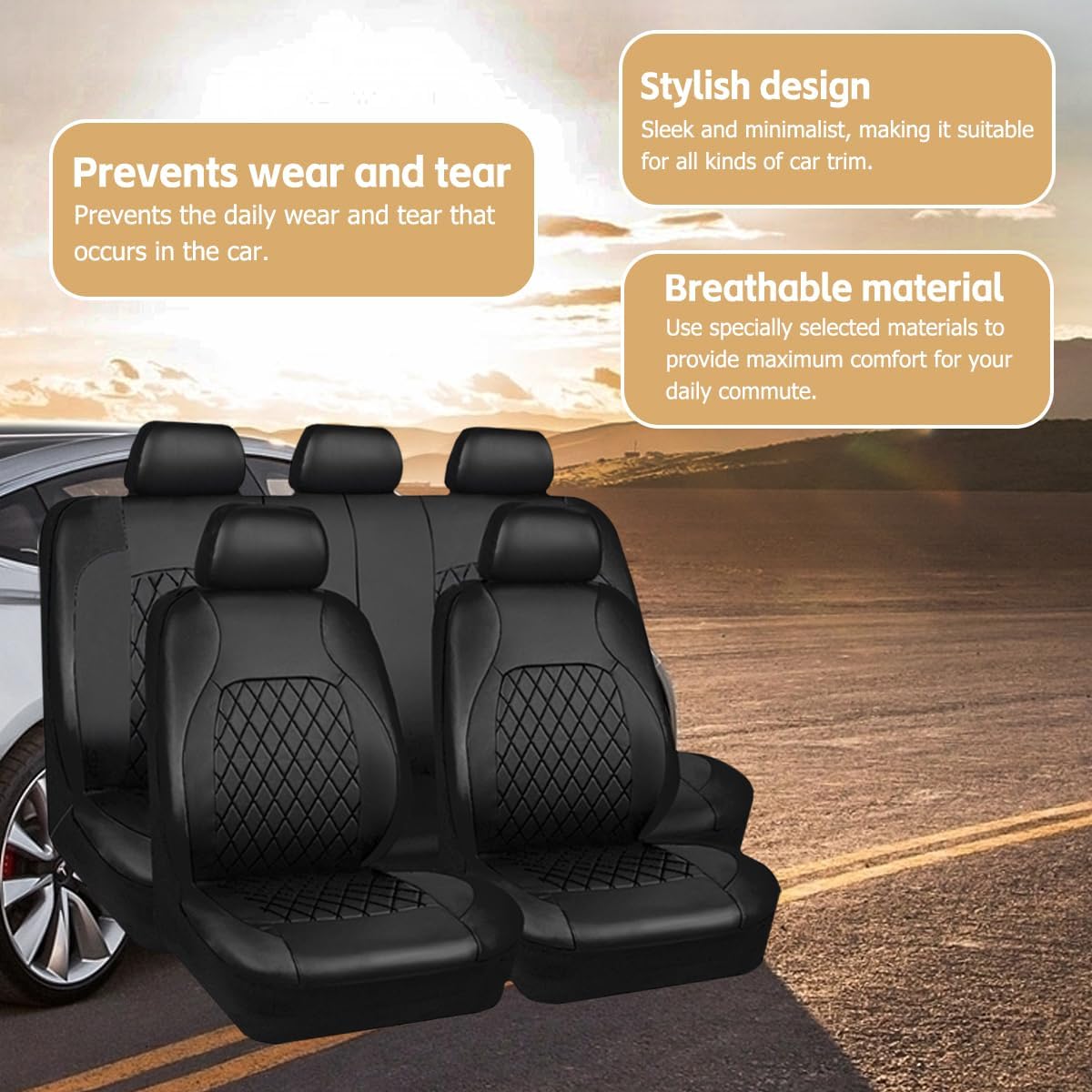 TSUGAMI Full Set Car Seat Covers, PU Leather Cushion Protectors for Auto, Waterproof Split Front and Rear Bench Seat, Breathable Automotive Accessories, Universal Fit for Many Vehicles (Black)