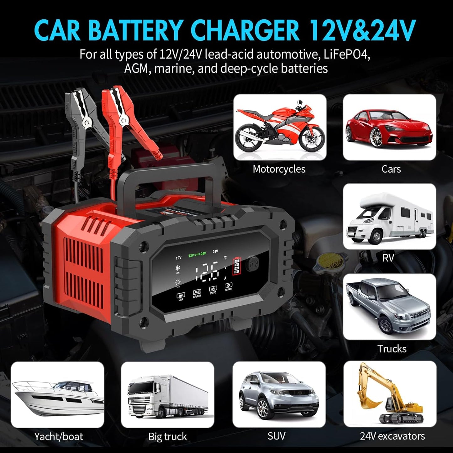 YONHAN Battery Charger 20A 12V/24V LiFePO4 Lead Acid Fully Automatic Battery Maintainer, Car Battery Trickle Charger Automotive w/Battery Repair, Winter Mode, for AGM, STD, Gel, Deep Cycle Batteries