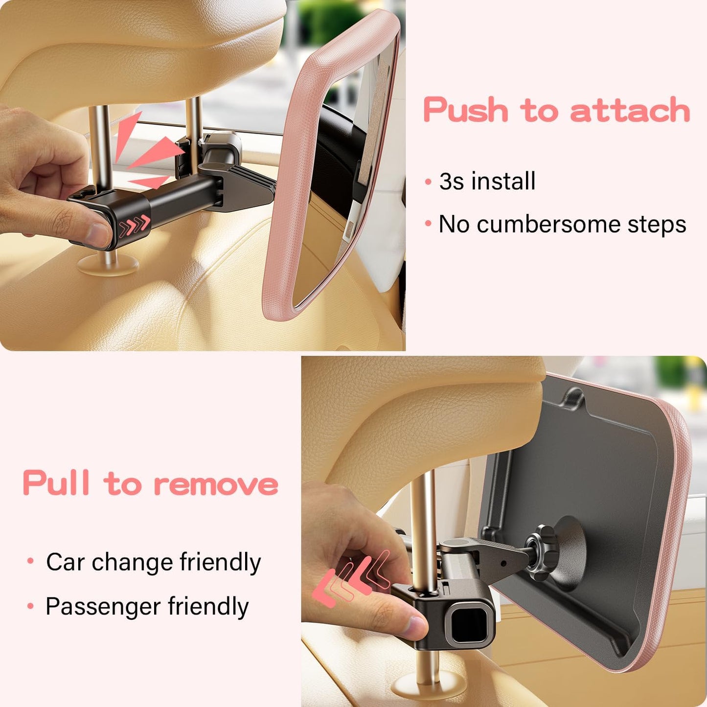 TAZENI Car Mirror for Baby - Hook Clip Design, Never Shake Car Seat Mirror, Rear Facing, Easy Install, Back Seat Crystal Clear View, ShatterProof Tested - Pink