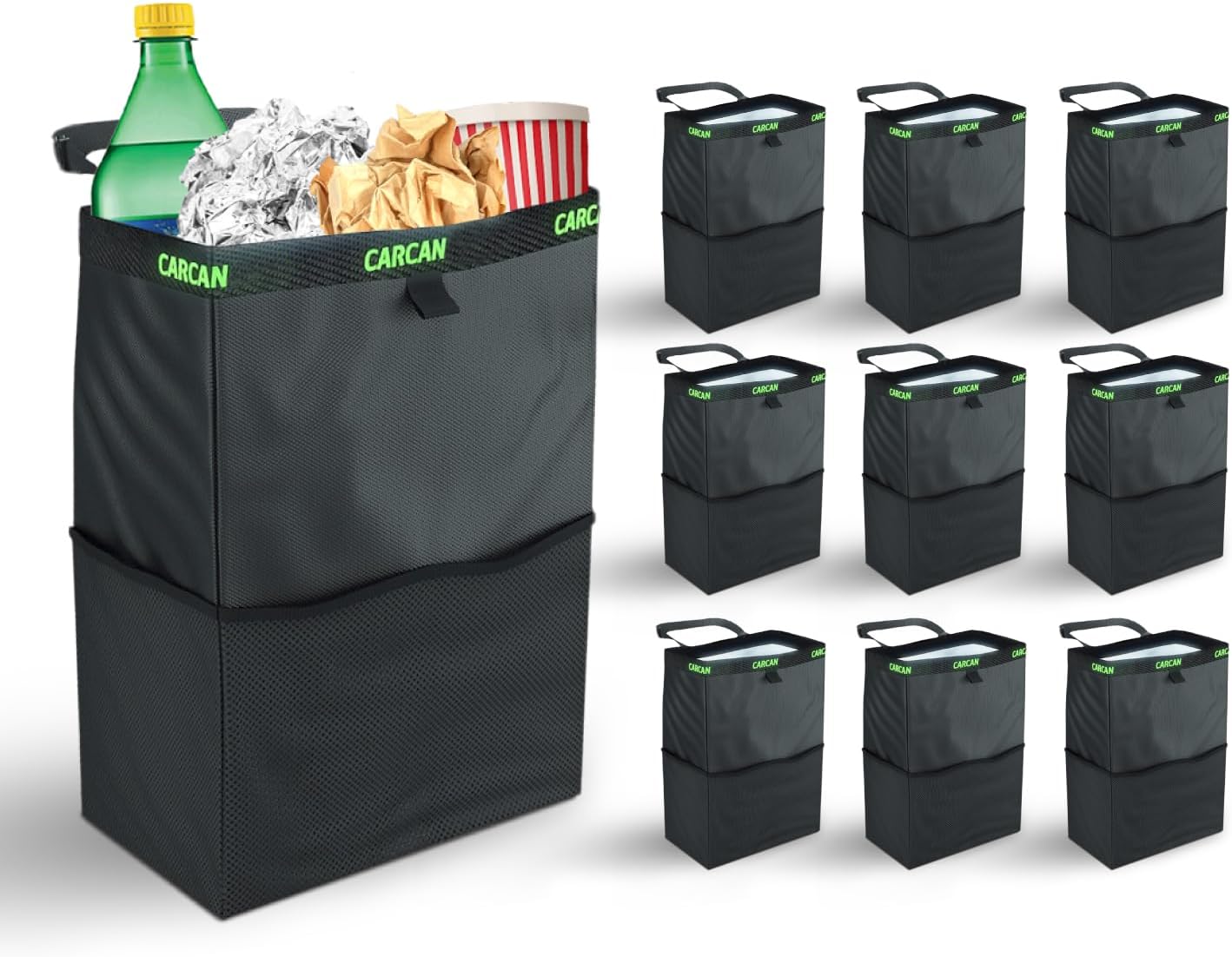 CarCan The Original 3 in 1 Hanging Car Trash Can for Back Seat, Cooler & Storage Bag – Metal Framed, Washable & Reusable Car Trash Bin with 3 Pockets (Pack of 5)