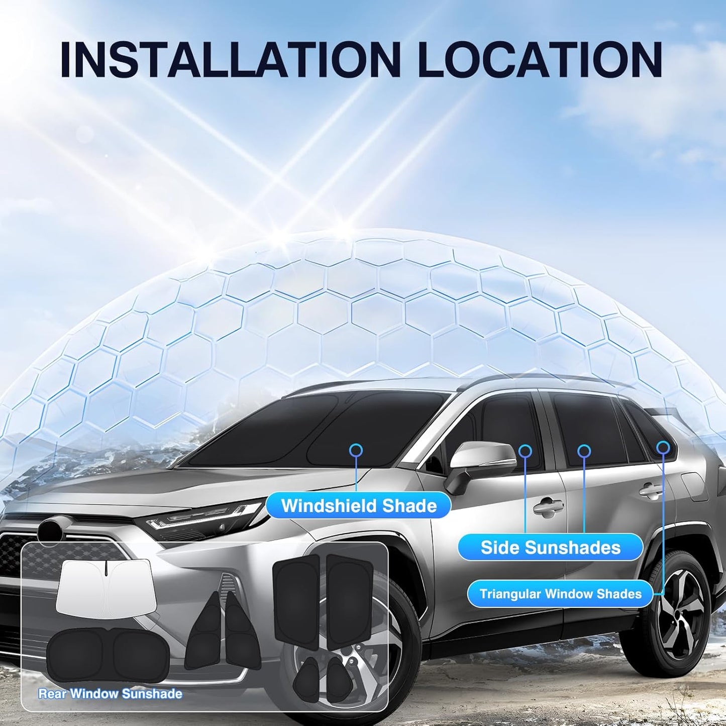 Sunsdrew 8PCS Foldable Sun Shade for 2019-2025 Toyota RAV4 Accessories Car Windshield&Side Windows Shade Cover Kit-Blocks 99% UV&Heat Privacy Protection Keeps RAV4 Cool Black