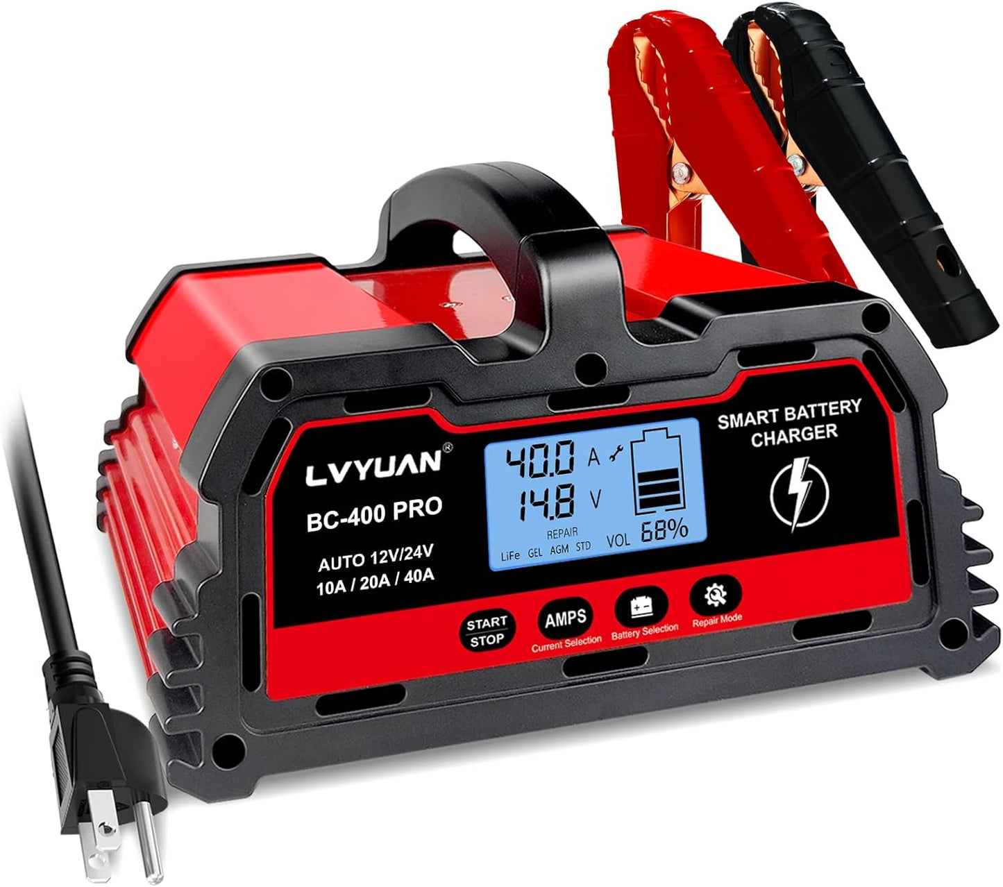 LVYUAN 20A Smart Car Battery Charger, 12V (5/10/20A) and 24V(5/10A) Automotive, Battery Maintainer with LCD Display, Trickle Charger, for Motorcycle, AGM, Lawn Mower and Lead-Acid Batteries