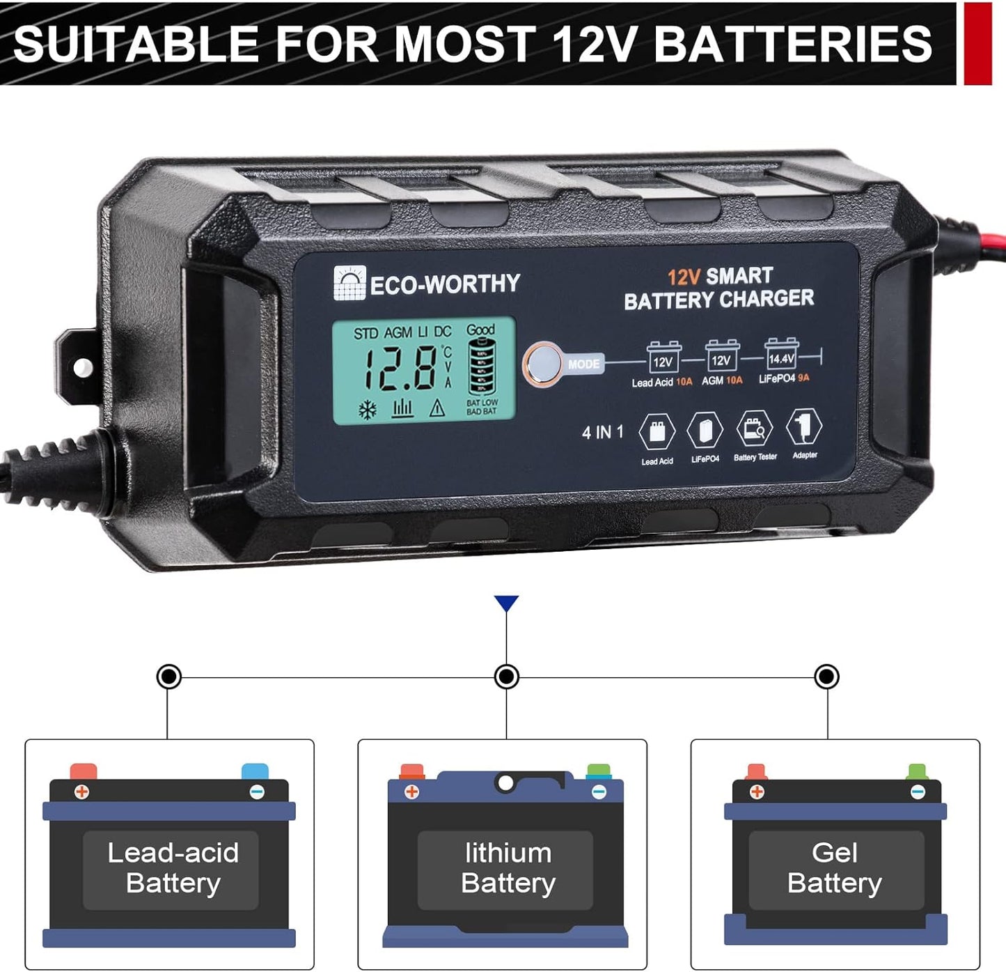 ECO-WORTHY 10Amp 12V Automatic Smart Battery Charger and Maintainer with LCD Display for Lead Acid and Lithium (LiFePO4) Battery