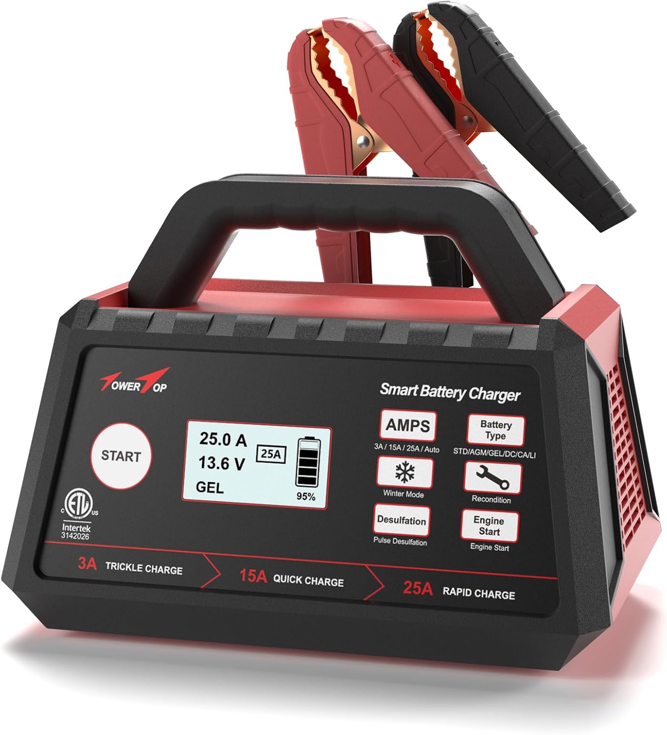 TowerTop 2/10/25 Amp 12V Smart Car Battery Charger, Fully Automatic Battery Maintainer with Engine Start, Auto Desulfator, Battery Repair, Winter Mode, for AGM, STD, Gel, Deep Cycle Batteries