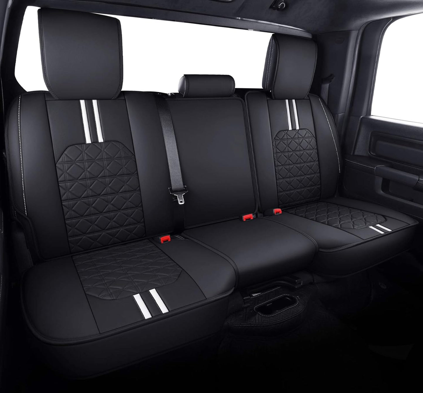 YIERTAI for Dodge RAM Seat Covers Fit 2009-2023 2024 2025 1500 2500 3500HD Crew Double Cab Quad Cab Big Long Horn Rebel Tradesman Laramie Truck Waterproof Leather TSWKM Style(2 PCS Front/Black-White)