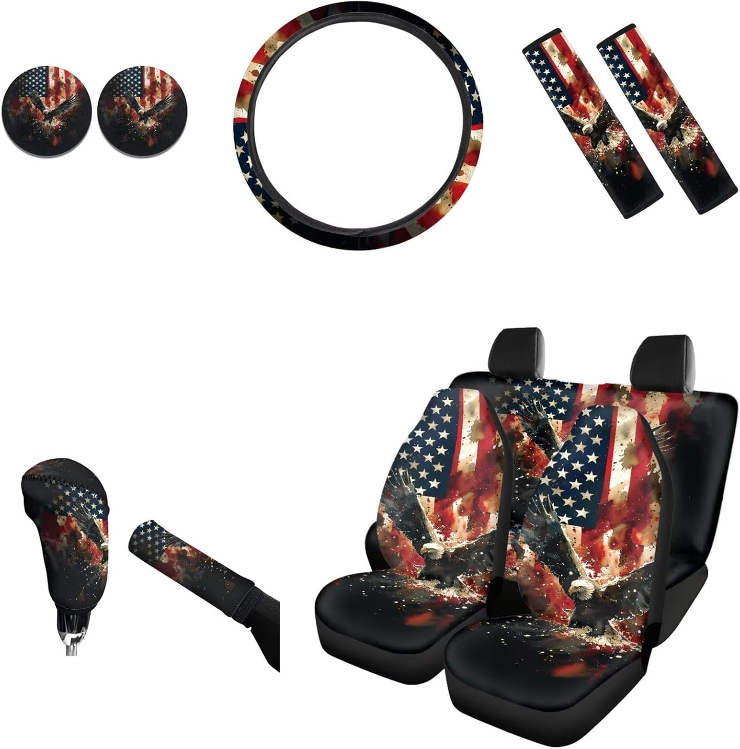 AFPANQZ Nebula Galaxy Car Seat Covers with Steering Wheel Cover, Seat Belt Shoulder Pads, Cup Holder Coasters, Gear Shift Knob and Handbrake Protector Cushion Full Set of 11 for Men Women Gift Navy