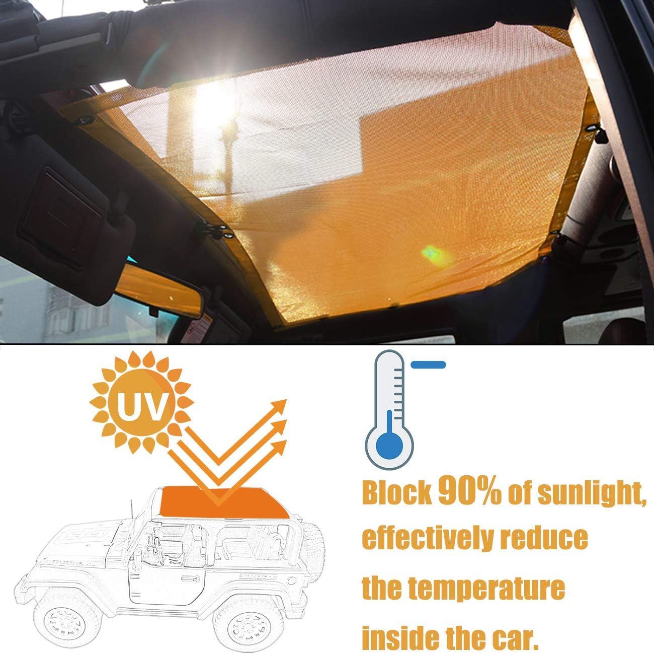 ROMASO Sunshade for Jeep, Sunshade for Jeep Wrangler JK JKU(2007-2017) Mesh Top Cover,Sunshade 4-Door, Mesh Sun Shade,Mesh Top 4 Door,Blocks UV, Wind, Noise (Yellow)