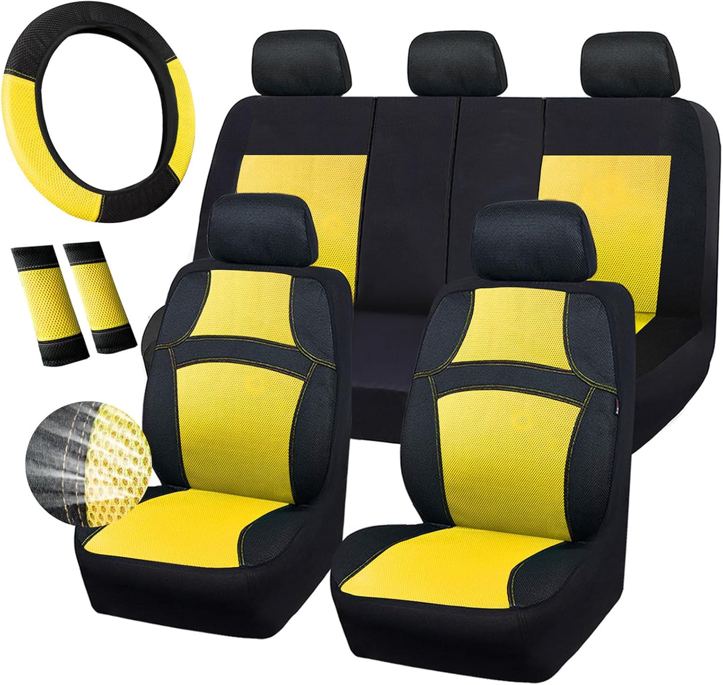 CAR PASS Universal 13PCS 3D Air Mesh-100% Breathable Seat Covers Full Sets#Steering Wheel&Belt Cover #Airbag and Rear Split Bench Compatible#for 90% Automotive SUV Truck Cute Women Black Mint