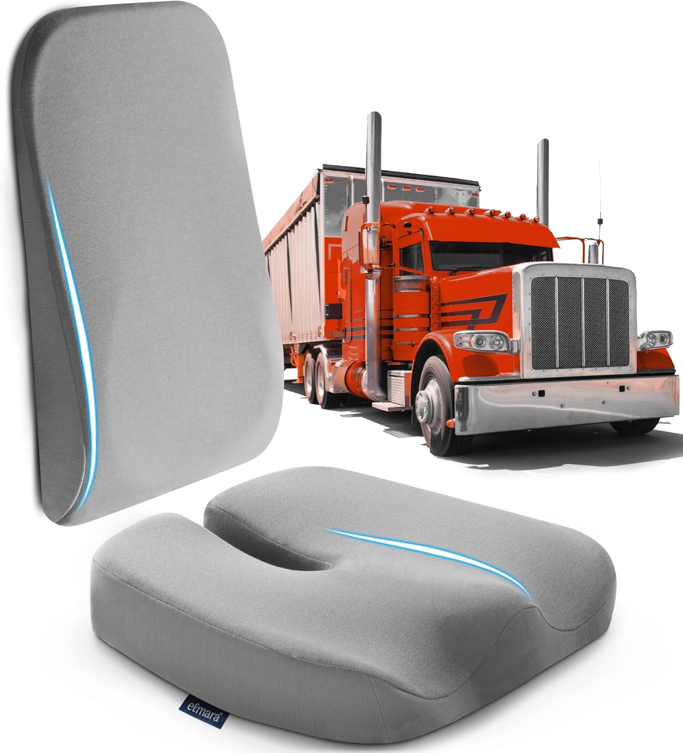 Elmara Truck Driver Seat Cushion & Back Support (2-Piece Set) – Semi Truck Seat Cushion for Back Pain, Seat Cushion for Truck Driver, Truck Driver Accessories, 18 Wheeler Truck Accessories (Cream)
