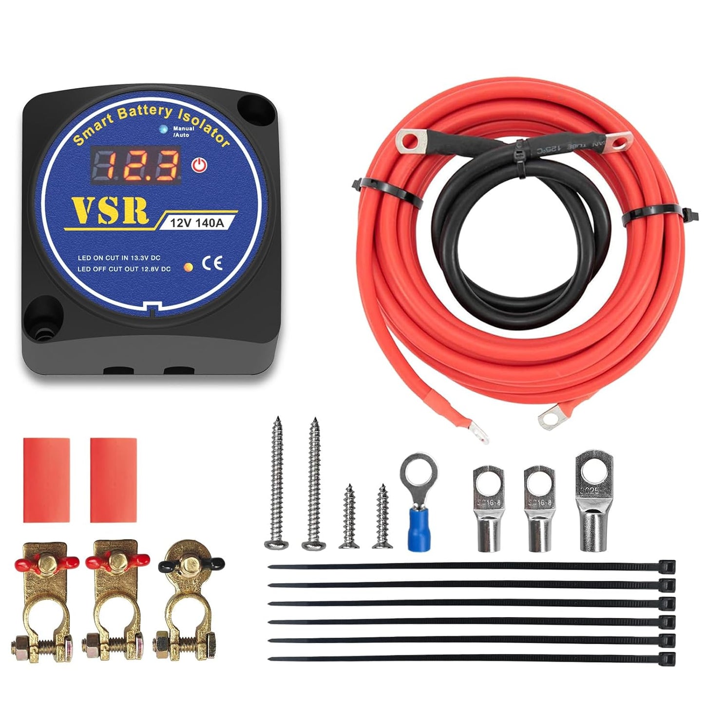 6M Dual Battery Isolator Kit 12V 140Amp, Voltage Sensitive Relay VSR,Compatible with RV Marine Car Vehicles Truck Caravan Off-Road Camper Yacht, Not Fit for Lithium Batteries