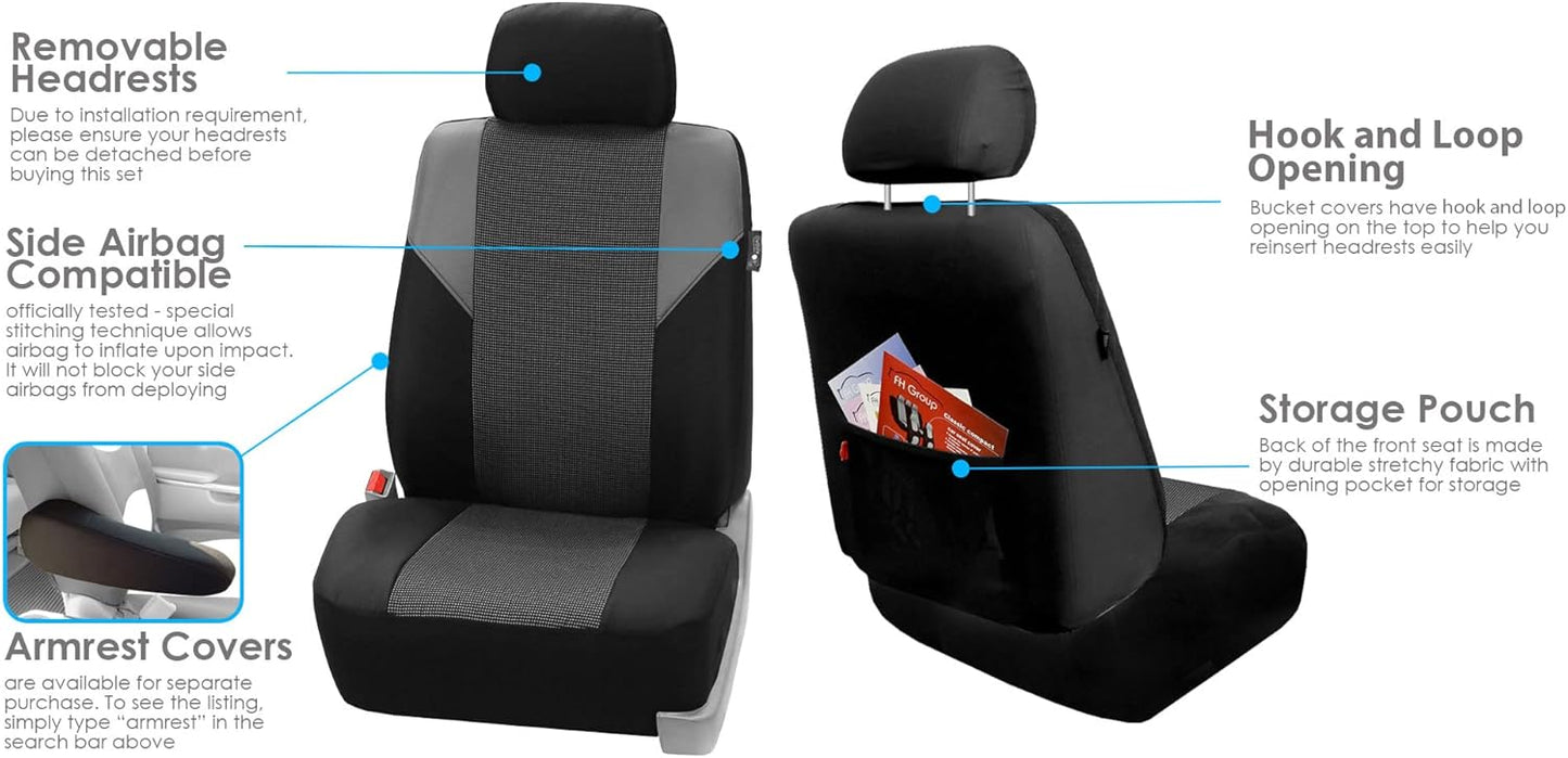 FH-FB064115 Cross Weave Fabric Seat Covers Airbag Compatible & Rear Split Bench Gray/Black