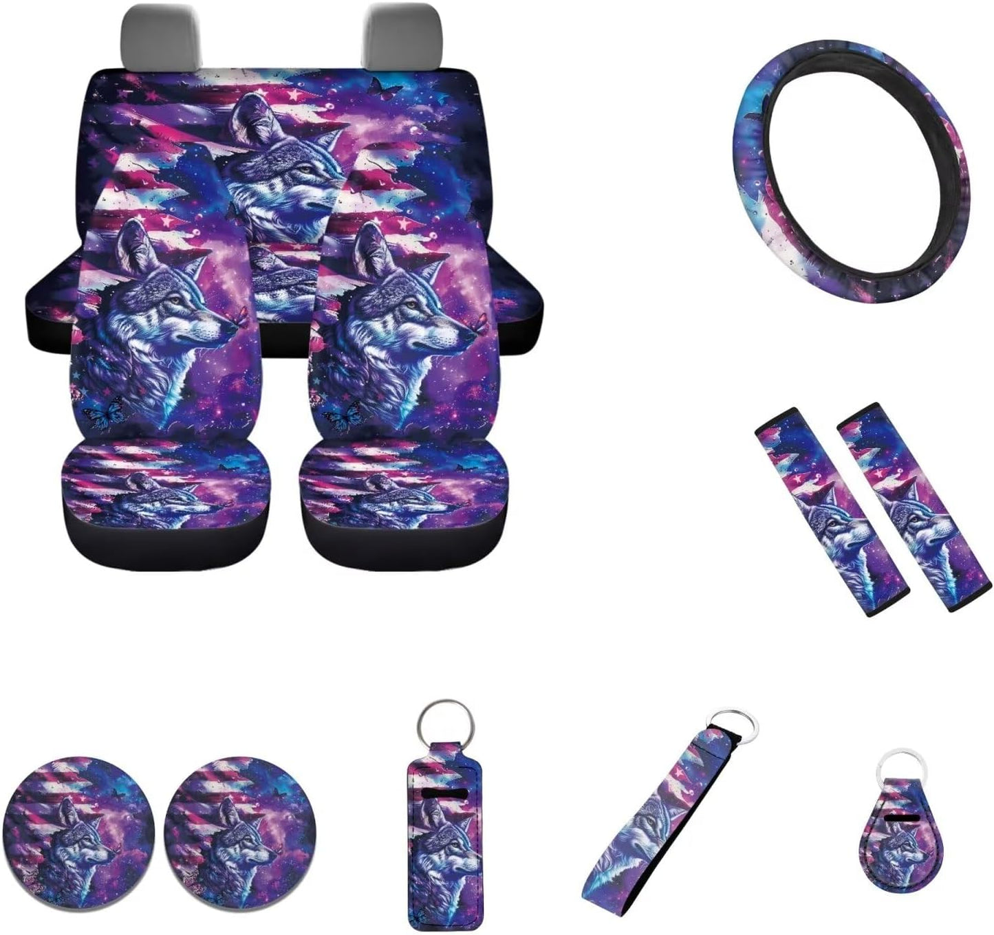 Wideasale Blue Camo Oak Hunting 12Pc Car Seat Covers Full Set/Steering Wheel Covers/Seat Belt Pads/Key Chain/Coaster/Lipstick Holder Universal Auto Accessories Interior Protector Universal Fit