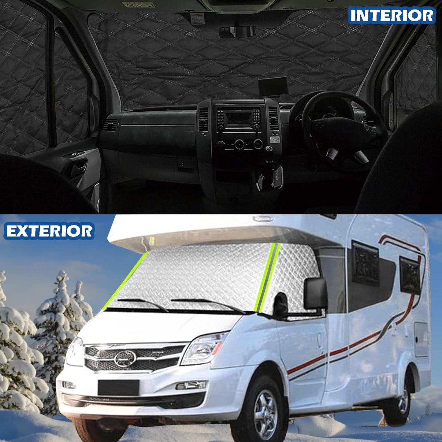 Big Hippo Windshield Cover RV Window Sunshade Cover for Class C Ford E450 1997-2022 Motorhome, UV Block Offer Complete Privacy with Reflective Strips RV Accessories 4 Layers with Mirror Cutouts Silver