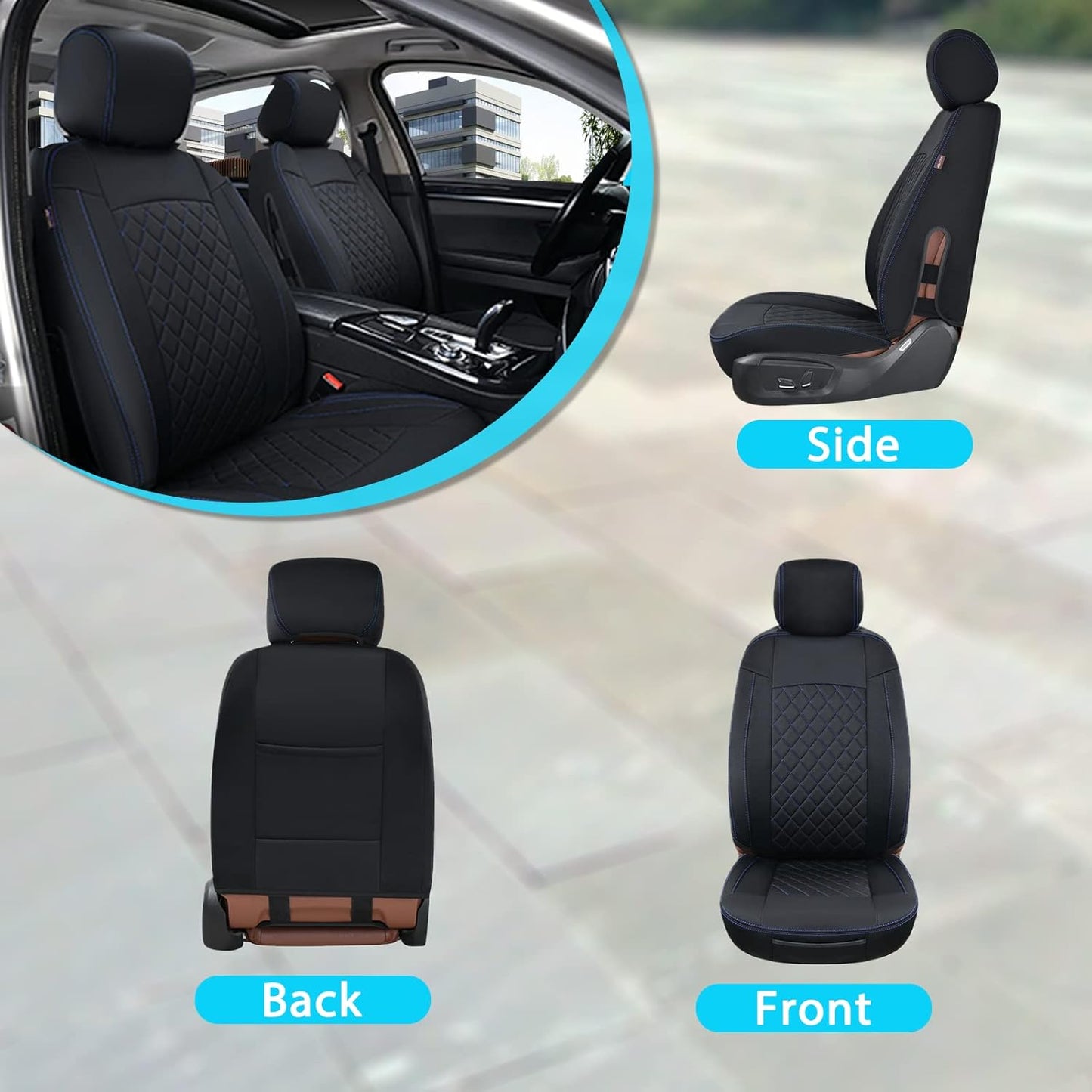 Coverado Front Car Seat Covers, 2 Pack Car Seat Protector, Waterproof Seat Covers, Neoprene Car Seat Cushion, Driver Black Seat Covers Universal Fit for Most Cars Trucks Vans SUV (Black-Blue)