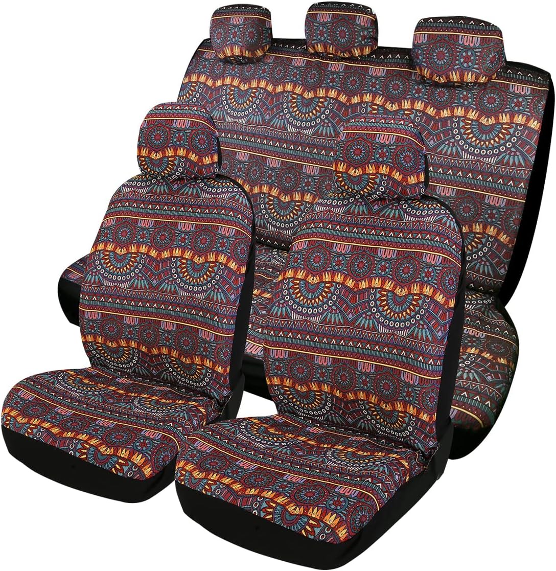 PONYJOYUP Baja Saddle Blanket Car Seat Covers 9PCS Full Set, Breathable and Washable Striped Woven Automotive Vehicle Seat Cover, Universal Seat Cover for Sedan, SUV, Truck, Airbag Compatible