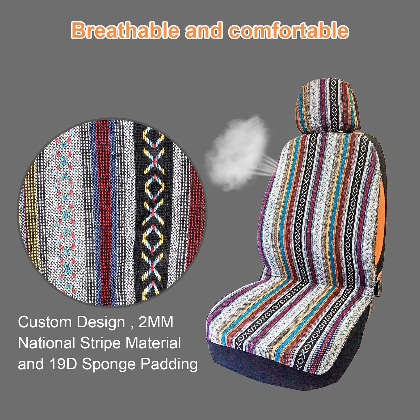 TIROL Universal 4PCS Front Seat Covers Detachable Headrest National Stripe Colorful Front Seat Protectors Suitable for Sedan SUV