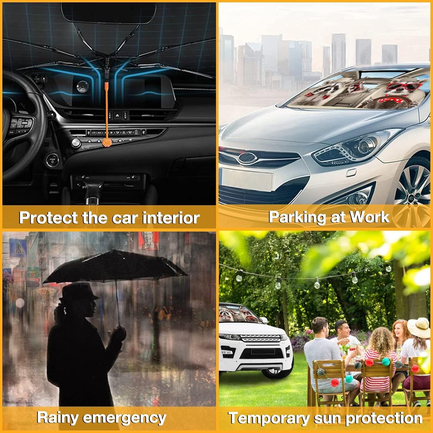 CHILL·TEK Funny Animals Car Windshield Umbrella, Raccoons Sun Shade Umbrellas for Car Front Window, Block UV Rays Foldable Windshield Umbrella Sun Visor Protector-Keep Vehicles Cool for Most Vehicles