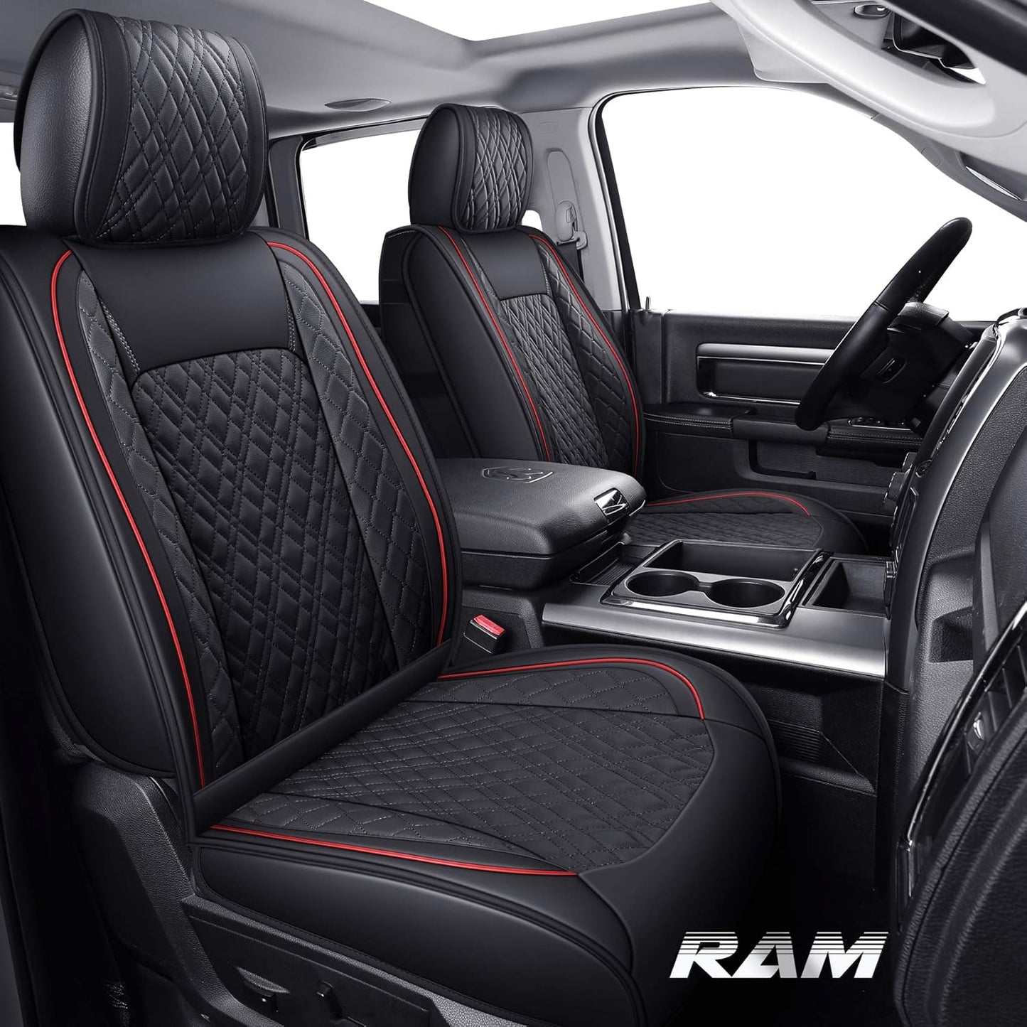 YIERTAI Car Seat Covers Compatible with Dodge Ram Custom Fit 2009-2025 1500 2500 3500 Pickup Mega Cab Limited Longhorn Laramie Bighorn Waterproof Leather Seat Protectors, 2 PCS Front Black