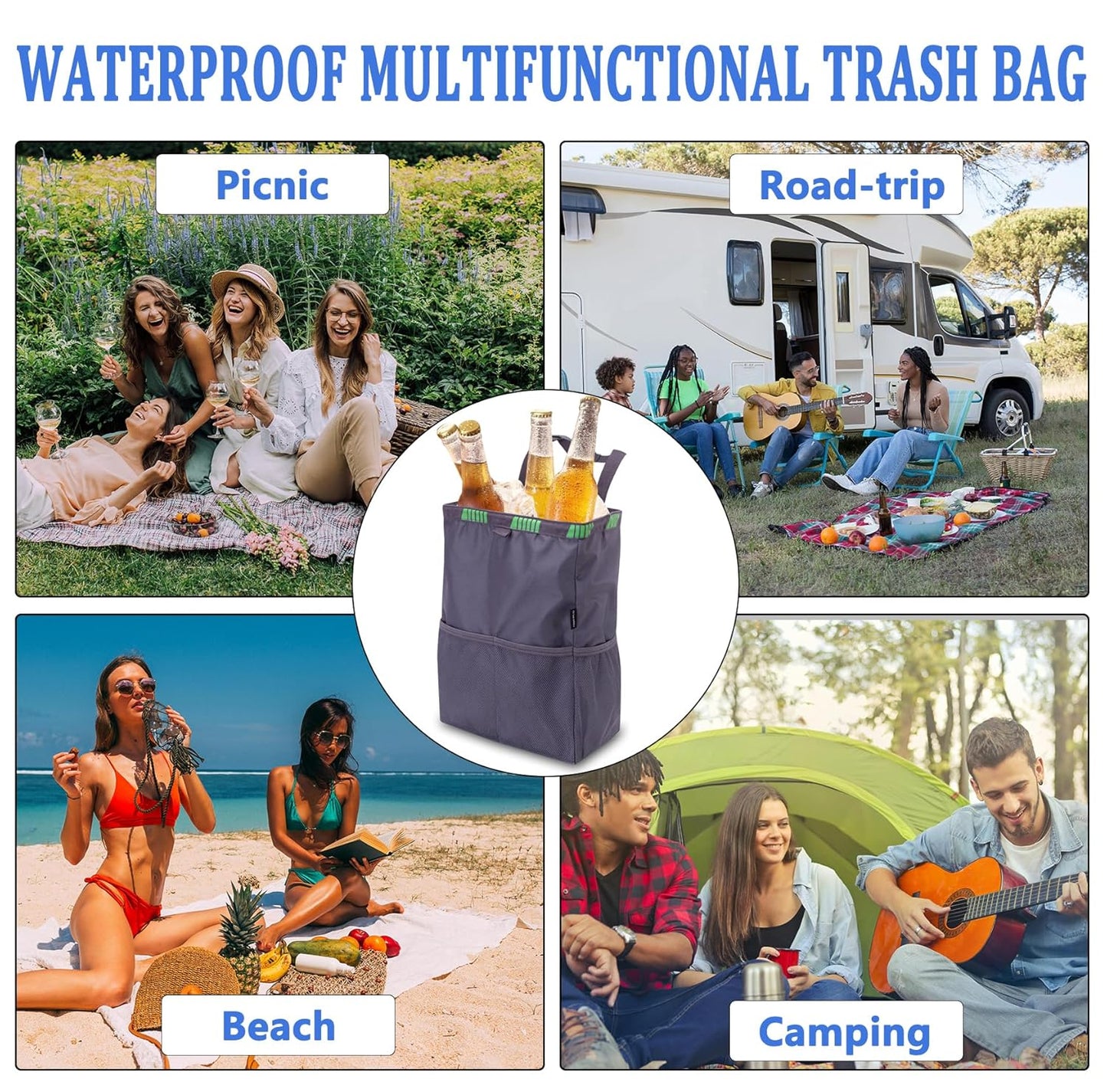 Ginsco Hanging Car Trash Bag, 2 Pack 3.5 Gallons Large Capacity Leakproof Car Garbage Can, Waterproof Car Trash Can, Car Garbage Bin with 4 Pockets, Car Accessories Gray