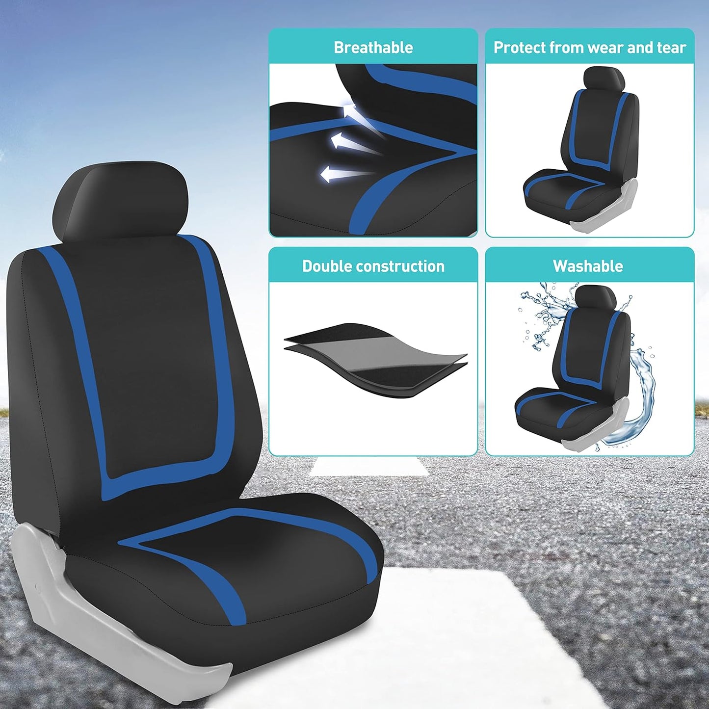 FH-FB032114 Unique Flat Cloth Seat Cover w. 4 Detachable Headrests and Solid Bench Blue/Black