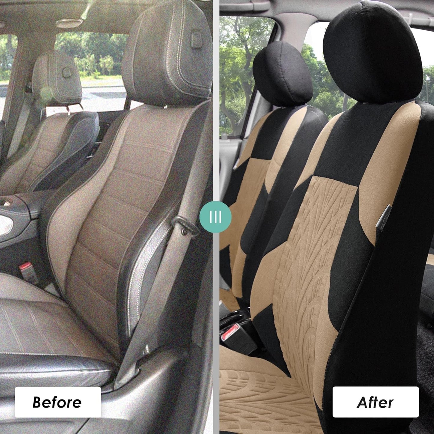 FH Group Car Seat Covers Interior Full Set Accessories Travel Master Car Accessories for Cars Vans Trucks and SUV - Airbag and Split Rear Beige Combo One Steering Wheel Cover, & Four Seat Belt Pads