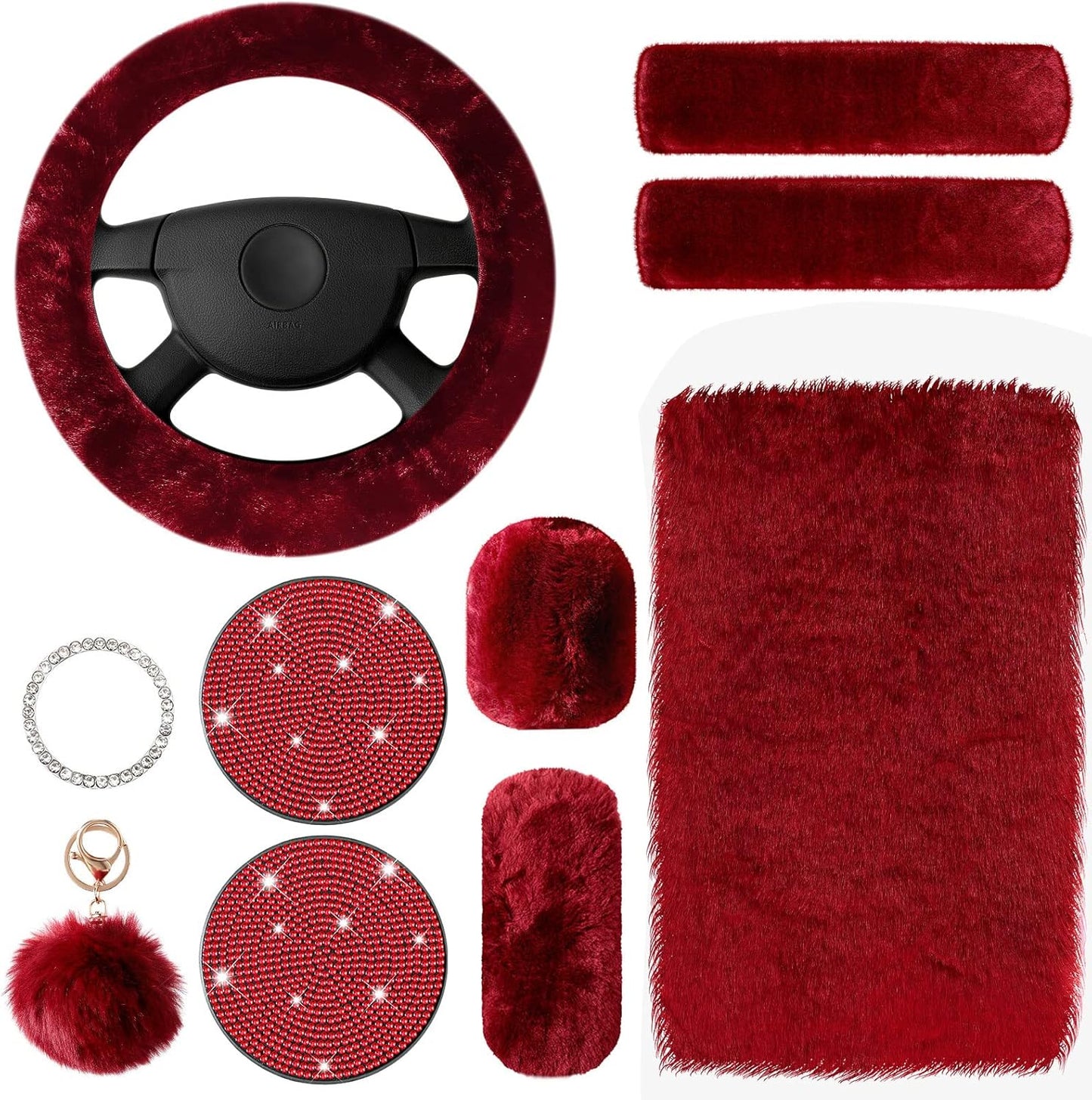 Frienda 10 Pcs Fluffy Car Steering Wheel Covers Handbrake and Gear Shift Cover Seat Belt Shoulder Pads Diamond Mat Ignition Ring Ball Key Chain Armrest Box Mat Car Accessories set(Pink)