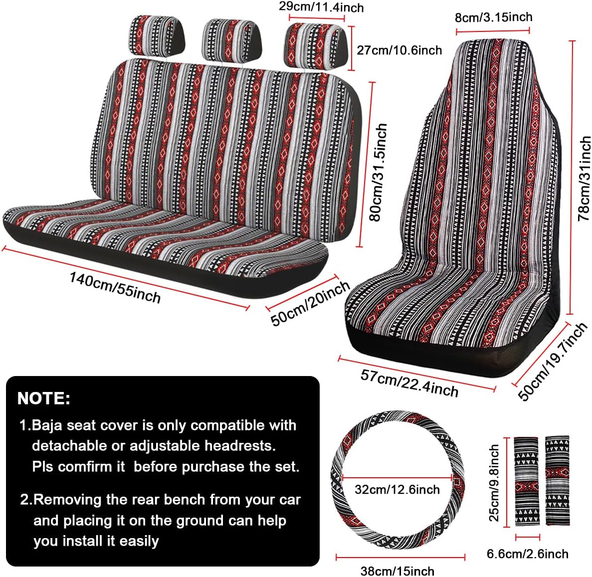 INFANZIA Full Set Seat Covers for Cars with 15'' Steering Wheel Cover & Seat Belt Pads Universal Fit Most Car, Truck, SUV, or Van - 10PCS, Black/Red
