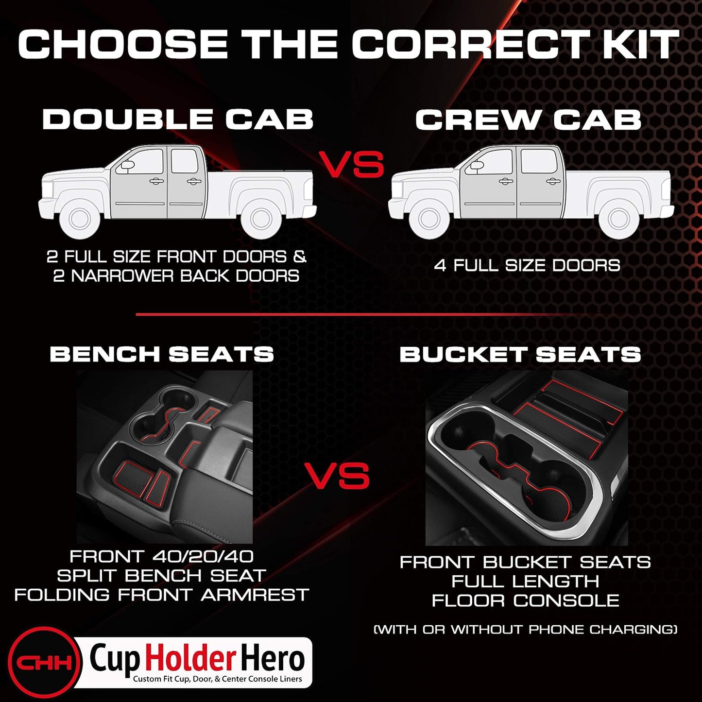 CupHolderHero fits Chevy Silverado 1500 Accessories & GMC Sierra 2014-2022 Premium Custom Interior Nonslip AntiDust Cup Holder Insert,Console Liner Mat,19pc Set (DoubleCab with BenchSeats)(Red Trim)