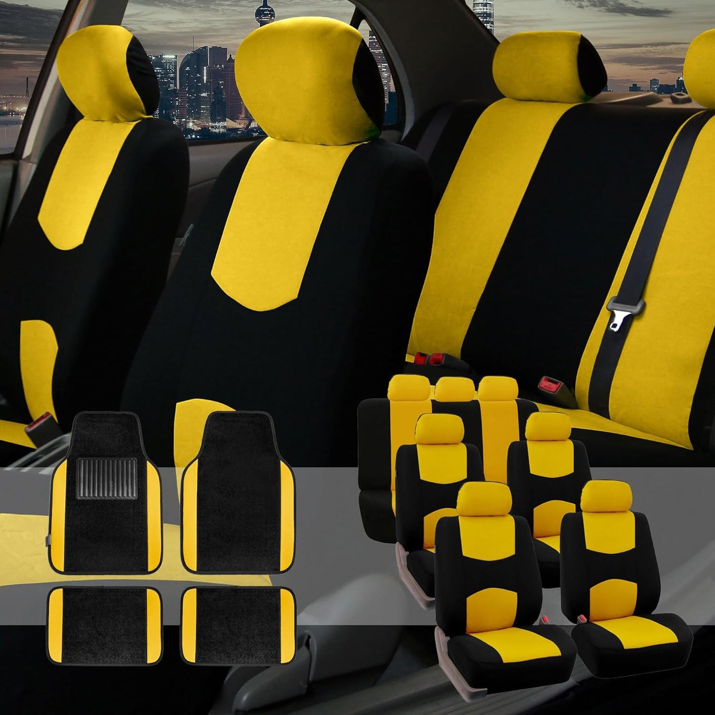FH Group Car Seat Covers Flat Cloth Full Set – Universal Fit for Cars Trucks & SUVs (Black) FB050115 + F14403