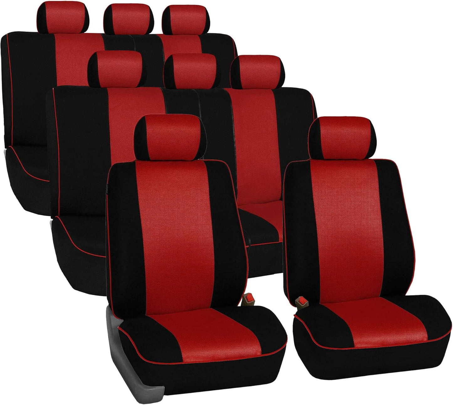 FH Group Car Seat Covers Three Row 8 Seater Cloth Car Seat Covers with Piping (Airbag and Split Ready) - Universal Fit for Cars Trucks & SUVs Beige/Black
