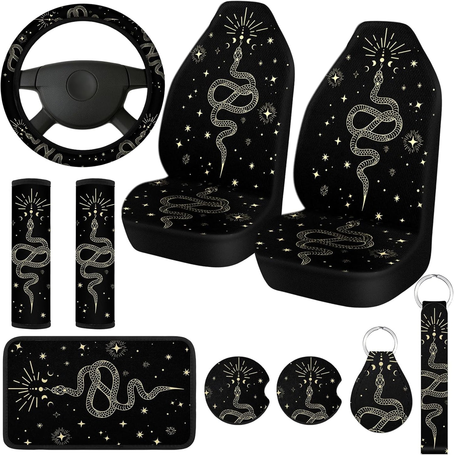 Fiada 10 Pcs Moon Star Car Seat Covers Full Set Car Accessories for Women Front Seat Cover Steering Wheel Armrest Cover Belt Cover Cup Holder for Auto SUV Interior Decoration(Witch)