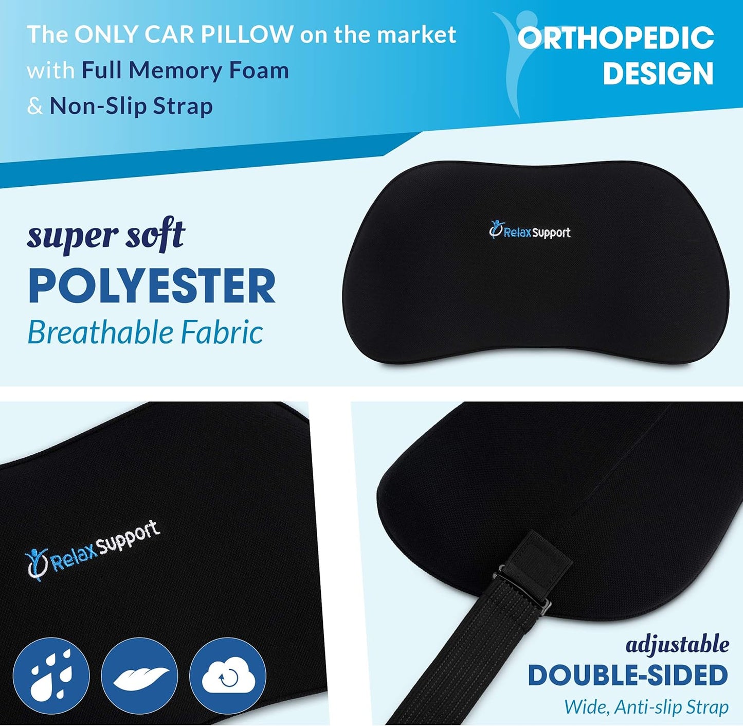 RELAX SUPPORT RS13-S Lumbar Support Pillow for Car - Full Memory Foam, Adjustable Dual Straps, Medium Firm - Promotes Good Spinal Posture&Comfortable Sitting While Driving - Back Support for Car Seat