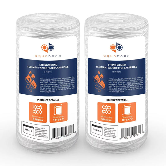 Aquaboon 5 Micron 10 String Wound Sediment Water Filter Cartridge | Whole House Sediment Filtration | Compatible with 84637, WPX5BB97P, PC10, 355214-45, 355215-45, WP10BB97P WP5BB97P 2-Pack