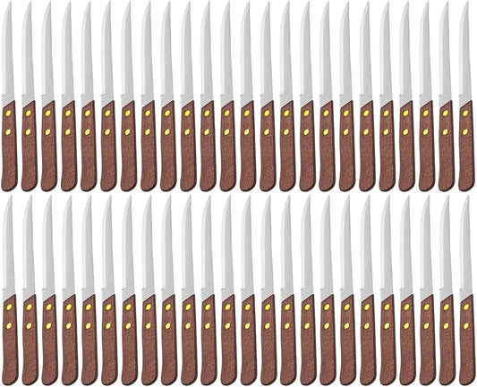Of 48) Serrated-Edge Pointed-Tip Steak Knives, 4-1/2-Inch Stainless Steel Blade Steak Knives With Wooden Handles For Restaurant