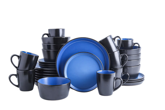 Stone Lain 32 Pieces Stoneware Round Dinnerware Set, Service for 8, 2-Tone Glazed in Black and Black, Modern Dishes