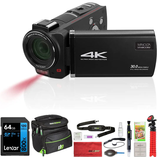 Minolta MN4K30NV 4K Ultra HD 30 MP Night Vision Camcorder, Black Bundle with Lexar 64GB SDXC Memory Card, Deco Gear Camera Bag, Lens Blower, Lens Pen, 12inch Tripod & More