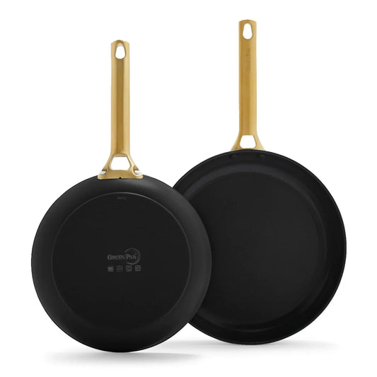 GreenPan Reserve Ceramic Nonstick 10 and 12 Frypan Set | Black with Gold-Tone Handles