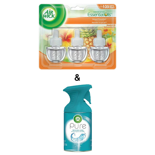 Pure Air Freshener Spray, Ocean Breeze, 5.5oz by Air Wick & Plug-in Air Freshener, Scented Oil Refills, Island Paradise, 3 Refills (Pack of 3) by Air Wick