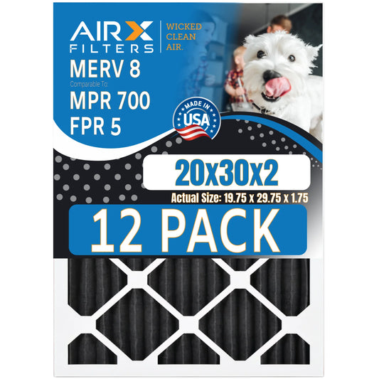 20x30x2 Air Filter MERV 8 Rating, 12 Pack of Furnace Filters Comparable to MPR 700, FPR 5, Pet Odor Retention Filters - Made in USA by AIRX FILTERS WICKED CLEAN AIR.