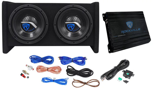 Rockville RV8.2A 800 Watt Dual 8 Car Subwoofer Enclosure+Mono Amplifier+Amp Kit