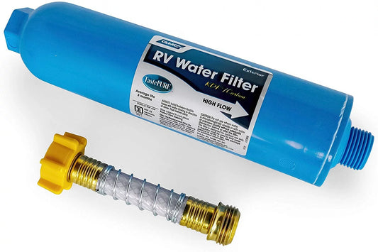 Camco 40043 TastePURE RV/Marine Water Filter with Flexible Hose Protector , Protects Against Bacteria , Reduces Bad Taste, Odors, Chlorine and Sediment in Drinking Water