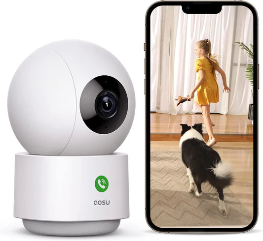AOSU 2K Indoor Security Camera, Baby Monitor Pet Camera 360° View for Home Security, One-Touch Calls, Motion Tracking, Night Vision, 5 GHz Wi-Fi, Compatible with Alexa