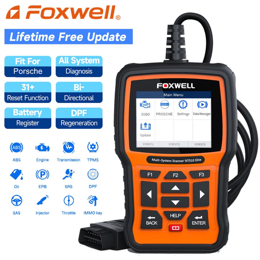 FOXWELL NT510 Elite OBD2 Scanner Fits for Porsche All System Bi-directional Diagnostic Scanner All Maintenance Services Car Code Reader Check Engine Full OBD2 Functions Automotive Diagnostic Scan Tool