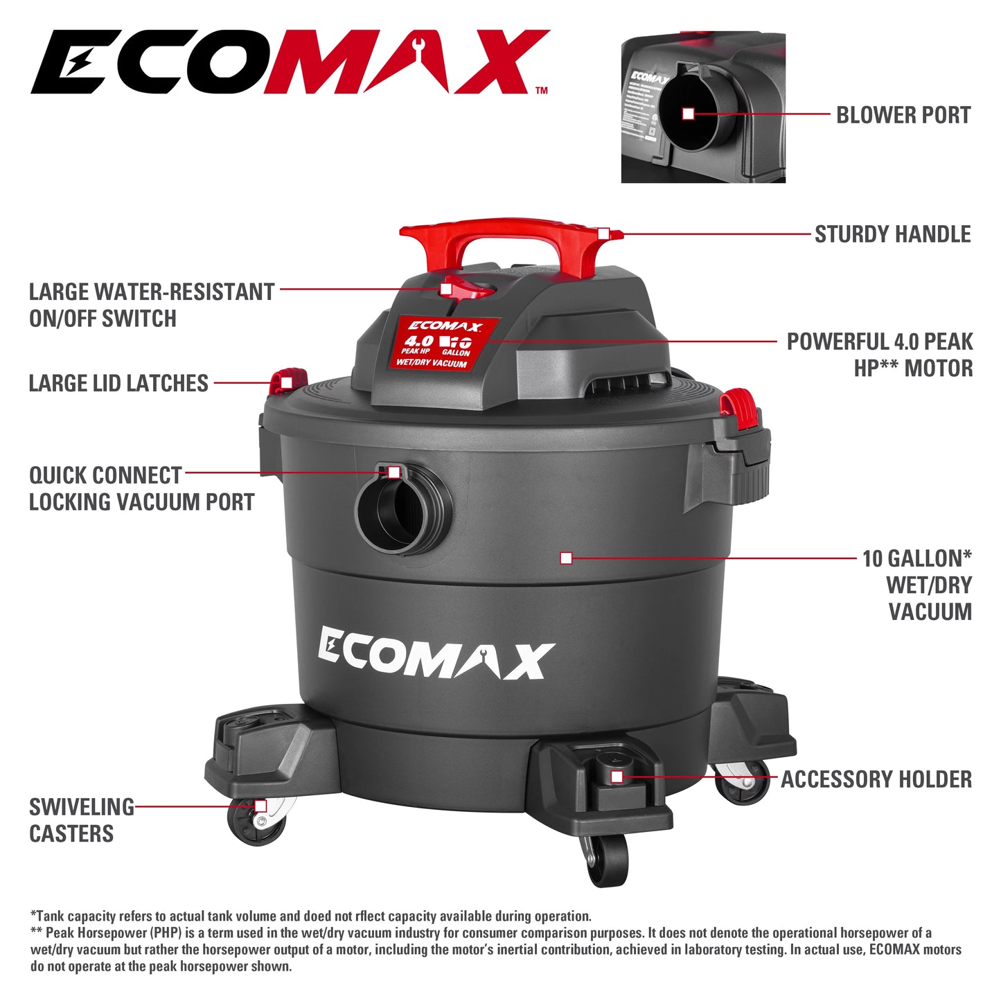 Ecomax 10 Gal 4HP Poly Wet/Dry Vac